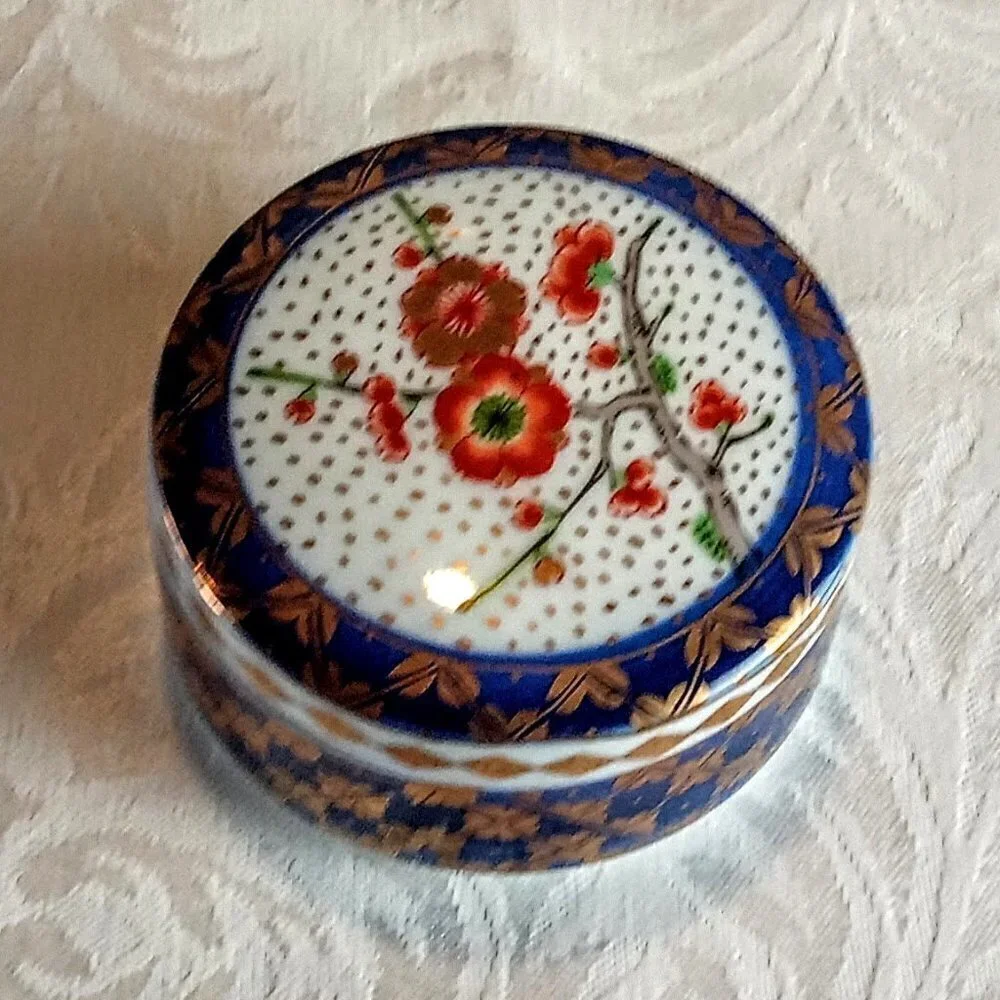 Vintage Red Flower Blue Gold Porcelain Trinket Box